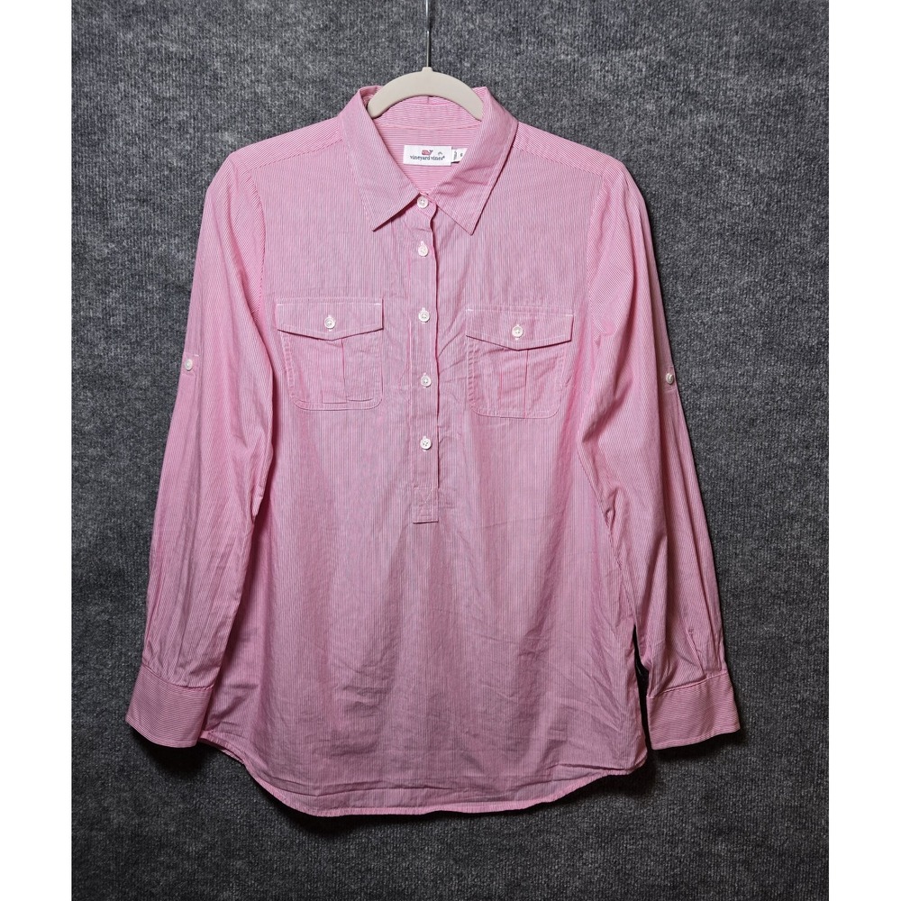 Vineyard Vines Shirt Womens 6 Red White Pin Stripe Cotton Button Up Preppy